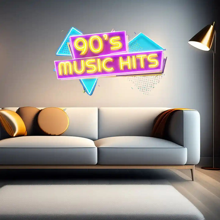 90s Music Hits UV Art LED Neon Sign in yellow, pink and blue colour by manhattanneons.com