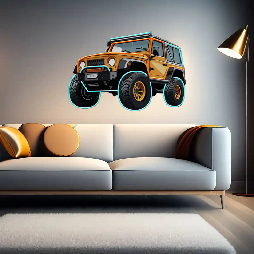 Adventure Jeep UV Art LED Neon Sign in orange and blue colour by manhattanneons.com