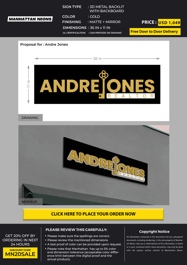 3D Metal Backlit sign with BackBoard for Andre Jones