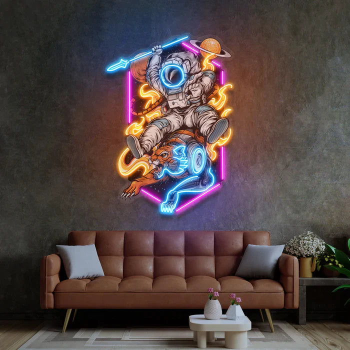 Astronaut Riding Tiger UV Art Led Neon sign Acrylic Artwork - Experience the cosmic vibe! manhattanneons.com