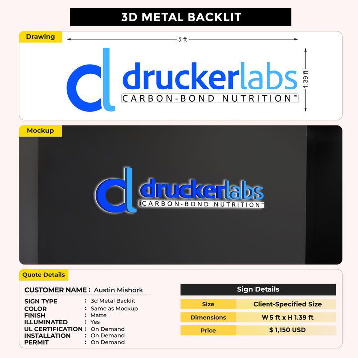 3D Metal Backlit Sign for Austin Mishork