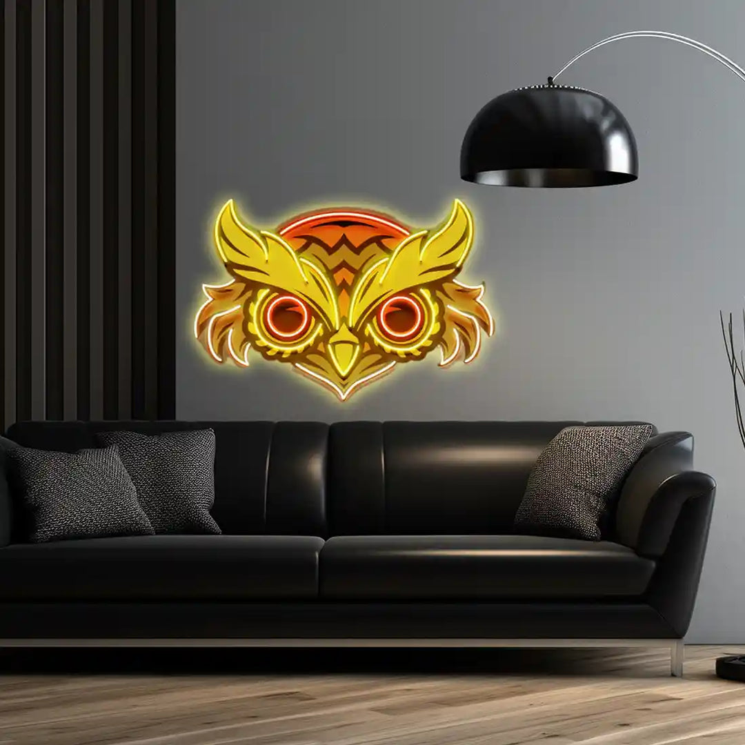 The Brown Owl UV ART LED neon sign in yellow and red colours, ensuring a mystical glow - discover yours at manhattanneons.com.