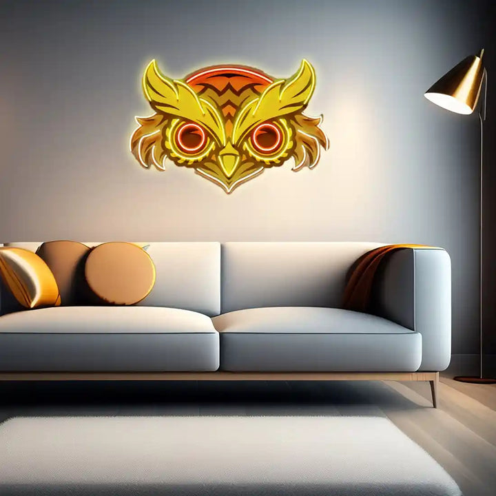 The Brown Owl UV ART LED neon sign in yellow and red colours, ensuring a mystical glow - discover yours at manhattanneons.com.