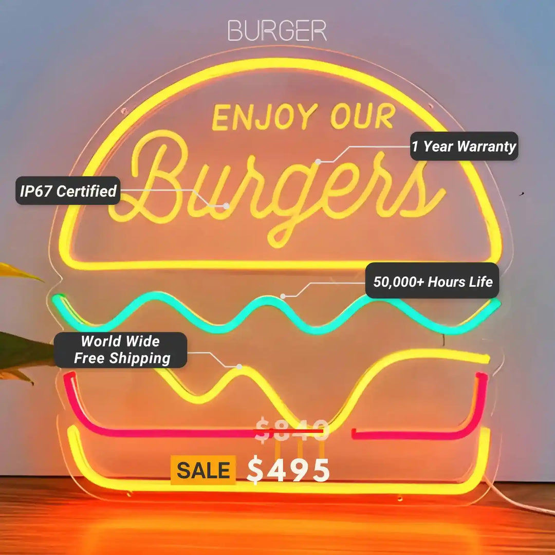 BURGER TRENDY NEON SIGN - SIZZLE AND DELIGHT - from manhattanneons.com