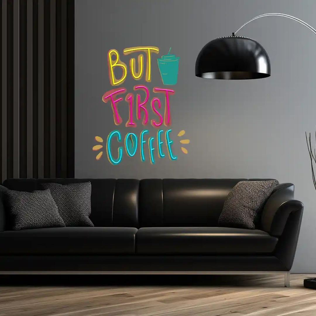 But First Coffee UV Art LED Neon Sign in yellow, pink and blue colour by manhattanneons.com