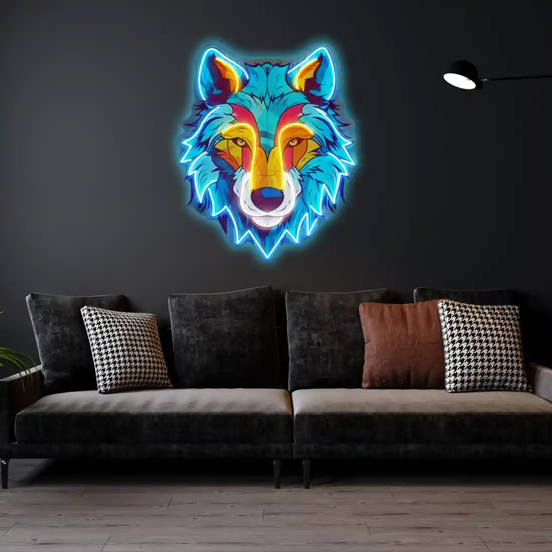 Colorful Wolf UV ART LED neon sign in blue and orange colour by manhattanneons.com