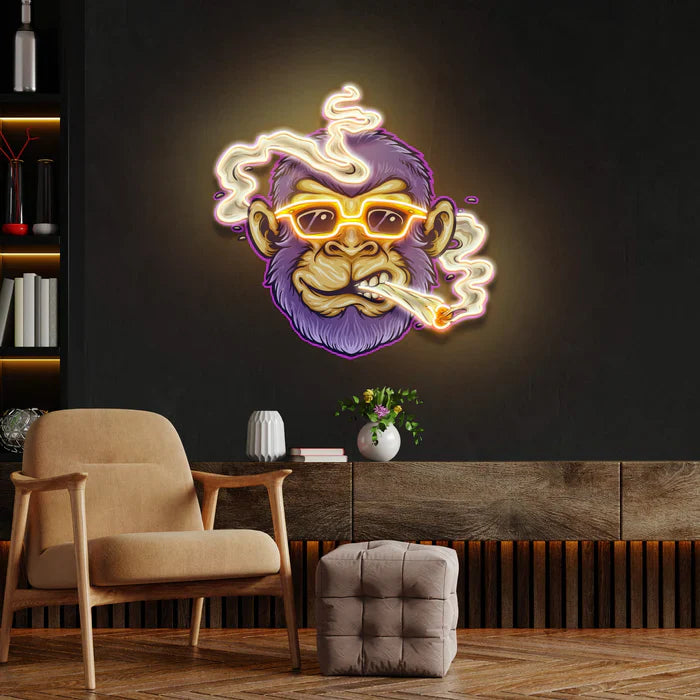 Cool Monkey Stoner Cannabis Smoking Artwork UV Art Led Neon sign Light for vibrant ambiance. Available at manhattanneons.com