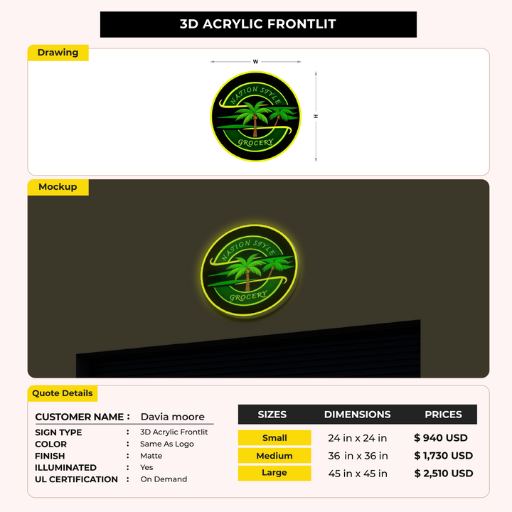 3D Acrylic Front-lit Sign For Davia moore