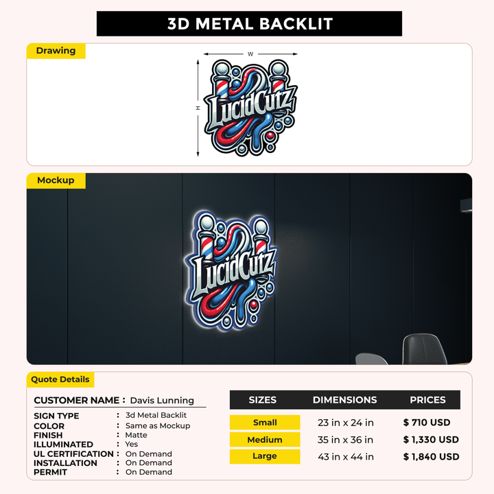 3d metal backlit for Davis Lunning