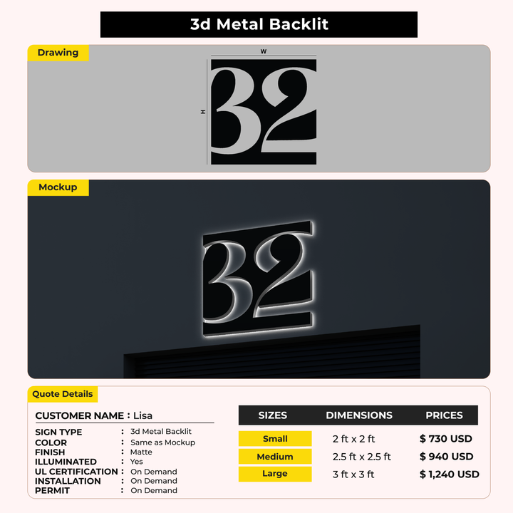 3D Metal Backlit sign for Lisa