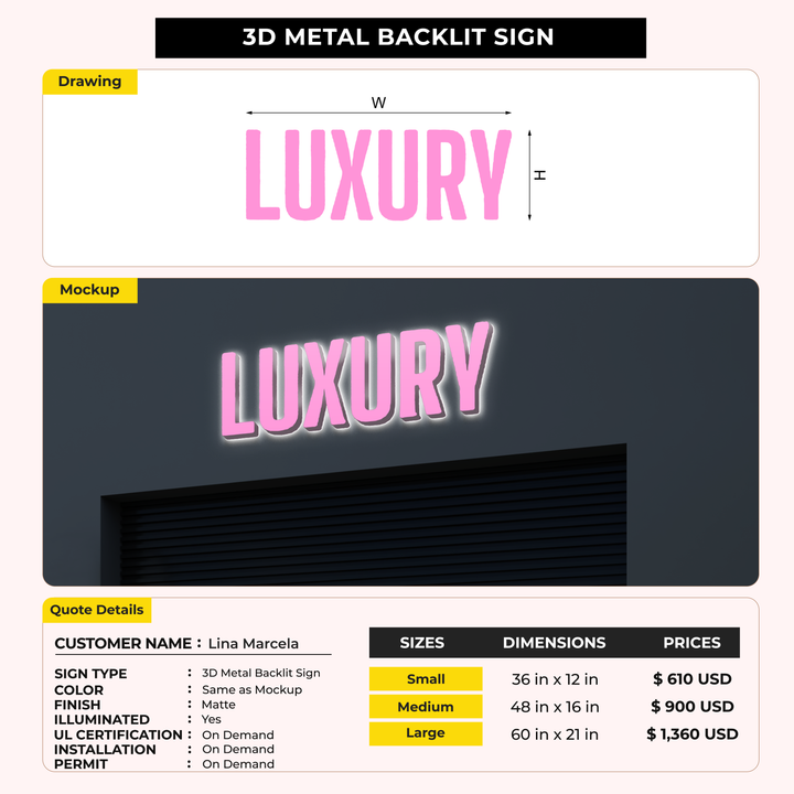 3D Metal Backlit Sign for Lina Marcela