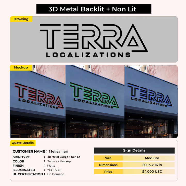 3D UV Metal Backlit Sign for Melisa Ilari