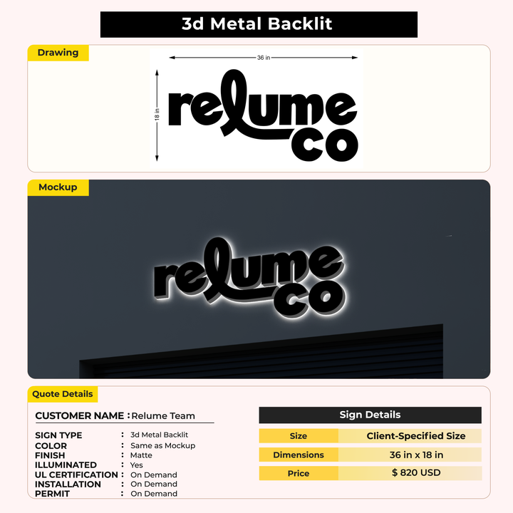 Business signage for Relume Team