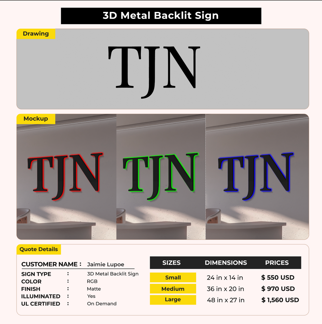 3D Metal Backlit Sign for Jaimie Lupoe