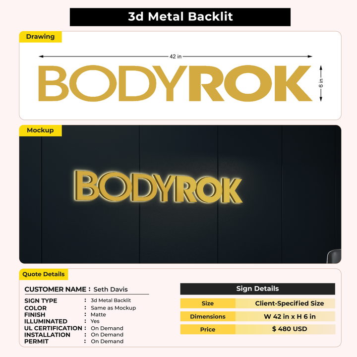 3D Metal Backlit Sign for Seth Davis