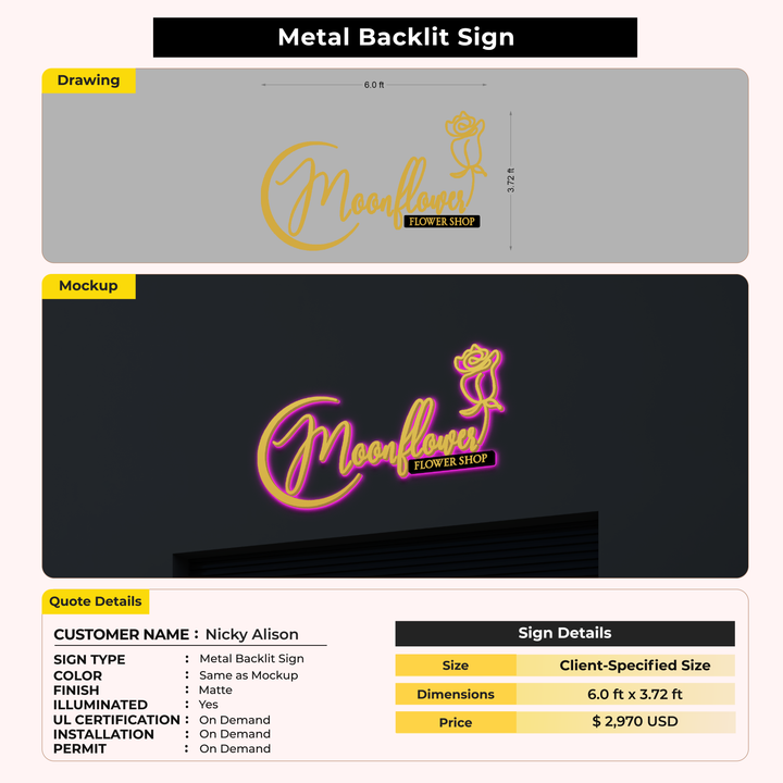 3d metal backlit for Nicky Alison