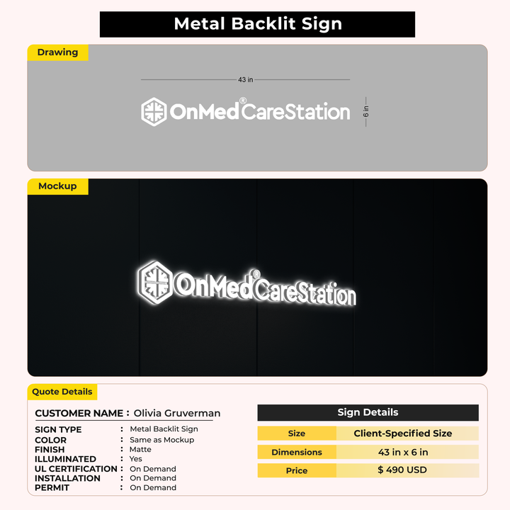 3d metal backlit sign for Olivia Gruverman