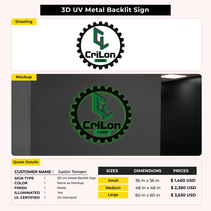 3D UV Metal Backlit Sign for Justin Tensen