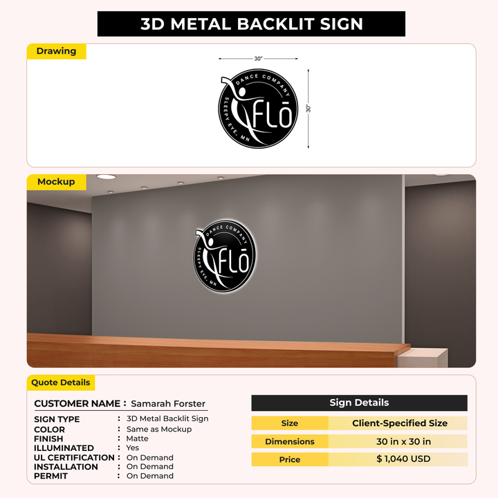 3D Metal Back-lit Sign For Samarah Forster