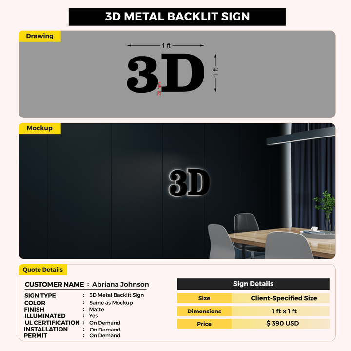 3D Metal Back-lit Sign For Abriana Johnson