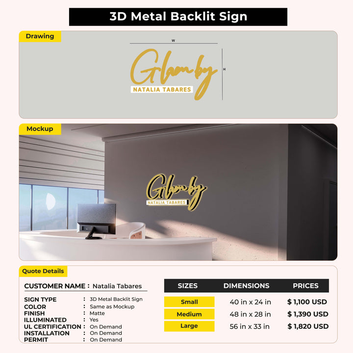 3D Metal Backlit Sign for Natalia Tabares