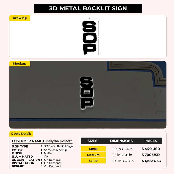 3D Metal Back-lit Sign For Dakyran Gossett