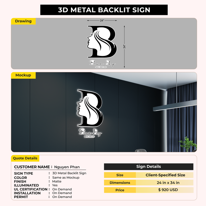 3d metal backlit sign for Nguyen Phan