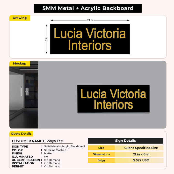 5mm metal sign with acrylic board for Sonya Lee