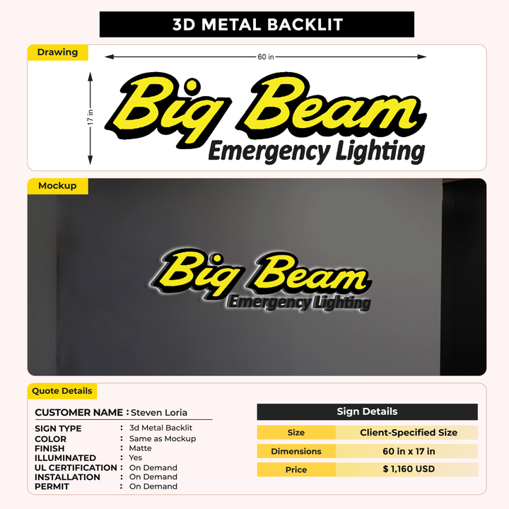 3D metal backlit for Steven Loria