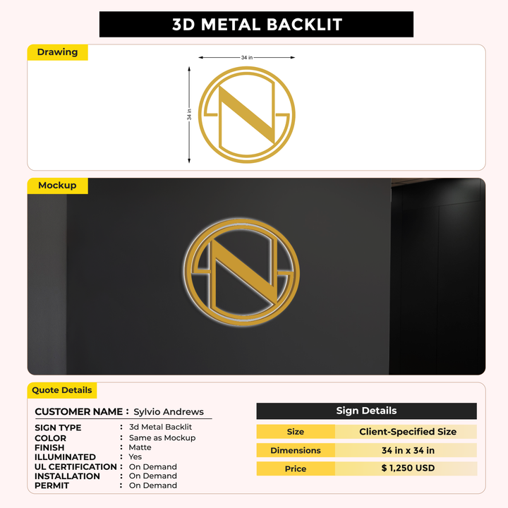 3D Metal Backlit Sign for Sylvio Andrews