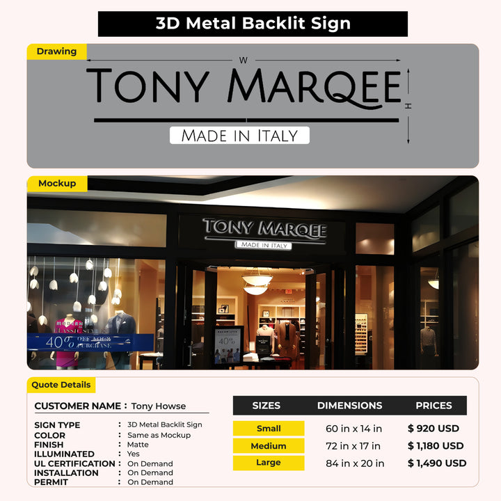 3D Metal Backlit Sign for Tony Howse