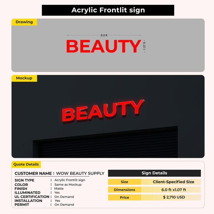 3D Acrylic Frontlit For WOW BEAUTY SUPPLY