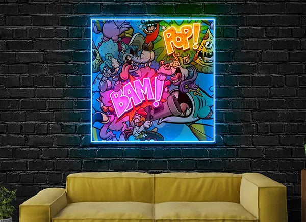 Bam Pop UV Art Led Neon sign x Acrylic Artwork, a vibrant and dynamic piece combining neon and acrylic elements - from manhattonneons.com.