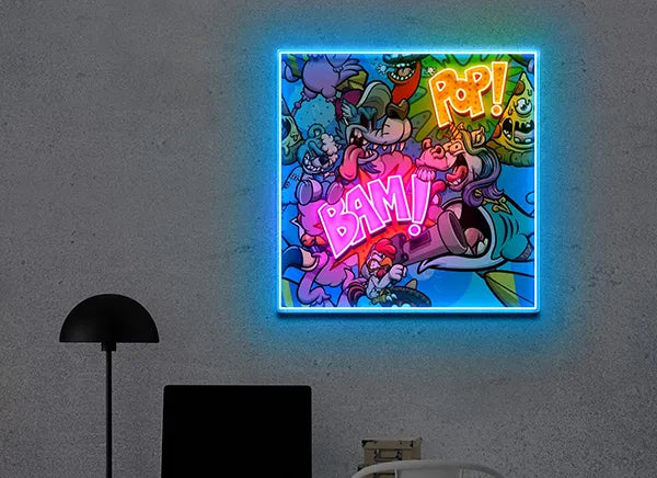 Bam Pop UV Art Led Neon sign x Acrylic Artwork, a vibrant and dynamic piece combining neon and acrylic elements - from manhattonneons.com.