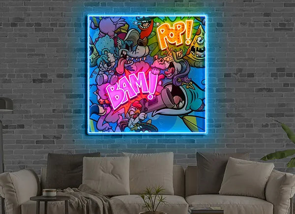 Bam Pop UV Art Led Neon sign x Acrylic Artwork, a vibrant and dynamic piece combining neon and acrylic elements - from manhattonneons.com.