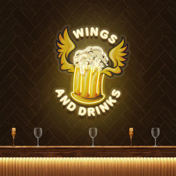 Beer Drinks and Wings Mascot UV Art Led Neon sign shining brightly, manhattanneons.com