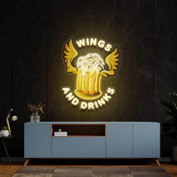 Beer Drinks and Wings Mascot UV Art Led Neon sign shining brightly, manhattanneons.com