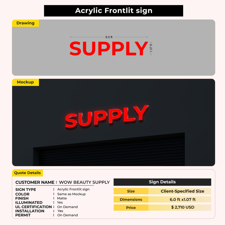 3D Acrylic Frontlit For WOW BEAUTY SUPPLY